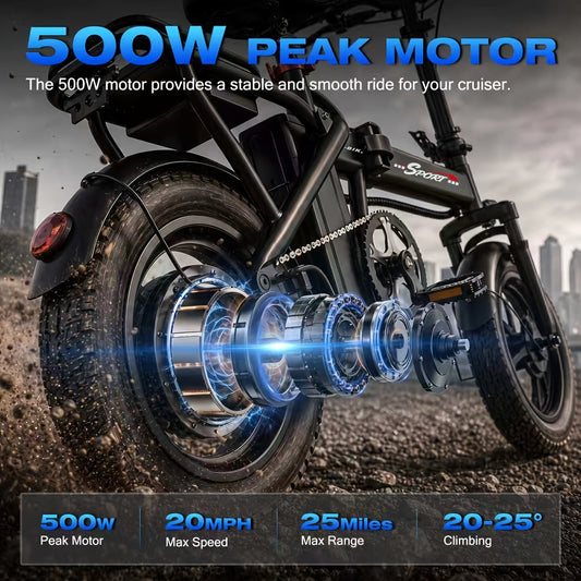 Folding Electric Bicycle, Peak Power 500 Watts, 20 Miles\u002FHour Brushless Motor, 14-Inch Tires, 48-Volt 10 Ampere-Hour Detachable Battery, Adult Electric Bicycle, Electric Bicycle, Suitable for Urban Commuting, Is The Best Choice for a Gift