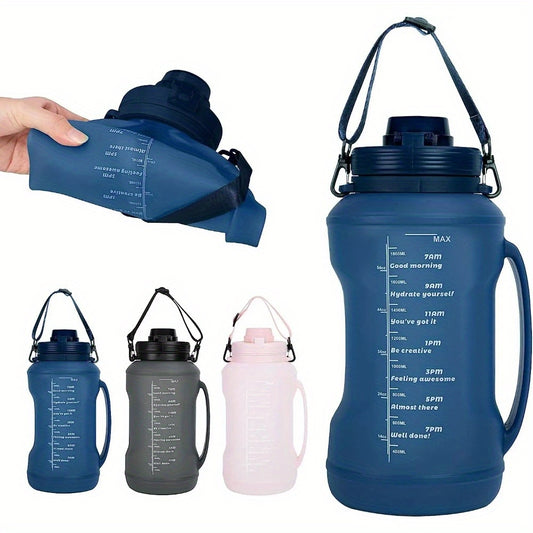 2L Collapsible Water Bottle - Foldable Silicone Travel Water Bottle with Motivational Times to Drink - with Straw