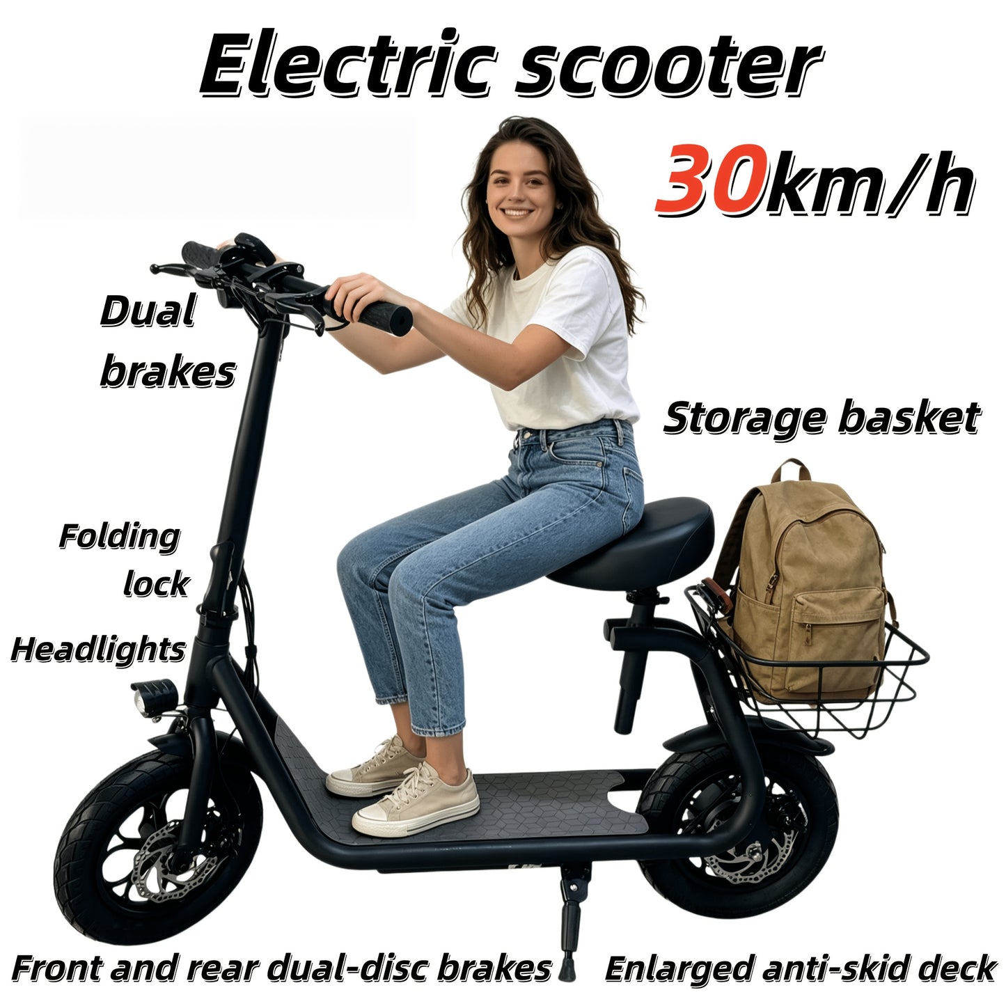 Electric Scooter, with A Foldable Front Frame for Easy Storage, A Rear Cargo Basket, A 36V 7.8Ah Battery, A Top Speed Of 30 Km\u002Fh, Three-speed Adjustment, A Comfortable Seat, Anti-slip Deck, And A Front Light. Suitable for Various Usage Scenarios.