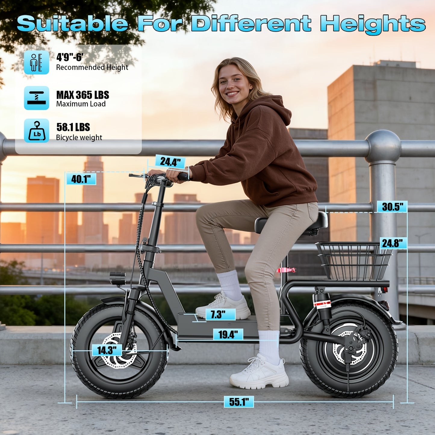 Commuter Electric Scooter with Seat, 54.6V 16.5Ah Electric Scooter with Detachable Basket, Shopping Cart & Grocery Cart & Multi-Purpose Cargo Scooter, Large Capacity Battery for 35 Miles Long Range, New Smart Throttle with 3 Speed Levels
