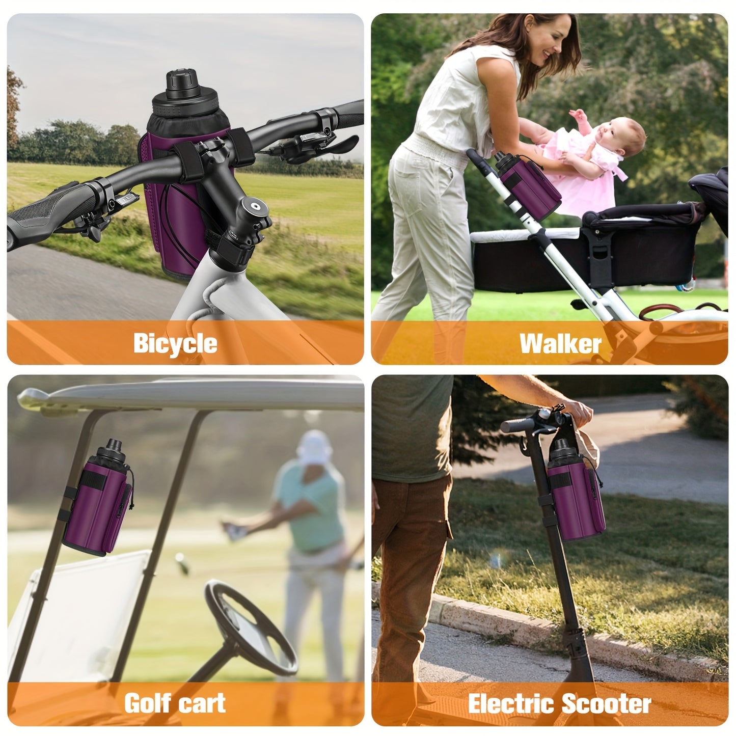 Universal Bike Cup Holder, Designed to Hold Water Bottles And Featuring Phone Pockets, Suitable for Strollers, Walkers, Golf Carts, Rollators, And Scooters, Perfect for Outdoor Activities And Cycling