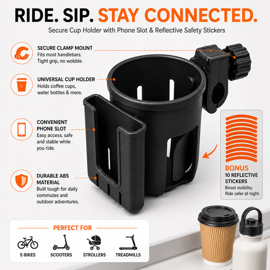 1pc Black Bike Cup Holder with 10pcs Fluorescent Orange Reflective Stickers, Universal Bicycle Water Bottle Holder, Coffee Cup Mount for Bikes, Scooters, Outdoor Cycling and Commuting