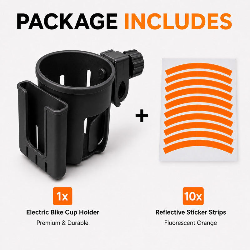 1pc Black Bike Cup Holder with 10pcs Fluorescent Orange Reflective Stickers, Universal Bicycle Water Bottle Holder, Coffee Cup Mount for Bikes, Scooters, Outdoor Cycling and Commuting