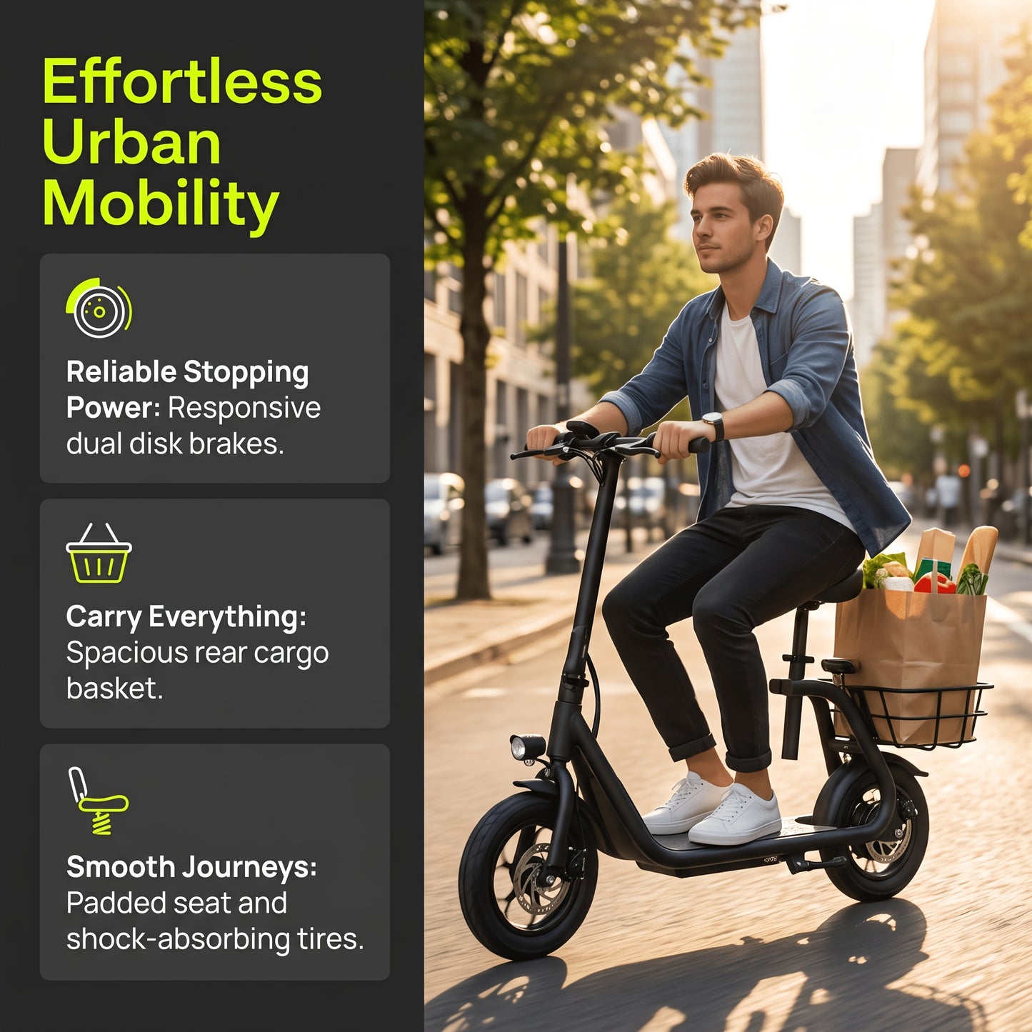 Electric Scooter, with A Foldable Front Frame for Easy Storage, A Rear Cargo Basket, A 36V 7.8Ah Battery, A Top Speed Of 30 Km\u002Fh, Three-speed Adjustment, A Comfortable Seat, Anti-slip Deck, And A Front Light. Suitable for Various Usage Scenarios.