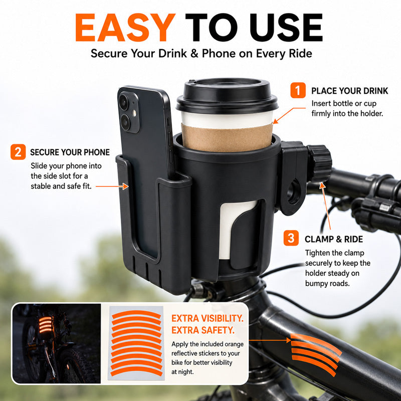 1pc Black Bike Cup Holder with 10pcs Fluorescent Orange Reflective Stickers, Universal Bicycle Water Bottle Holder, Coffee Cup Mount for Bikes, Scooters, Outdoor Cycling and Commuting