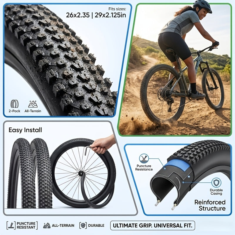 2pcs 26x2.35in\u002F 29x2.125in Multi-Size Bike Outer Skins, Quick Setup, Easy Install, Enduro Freeride Gravel Riding Hardware, Reinforced Structure, Ultimate Gripping Power, Sturdy Layer, Commuter Transport Rubber Bicycle Tire Replacement Accessories