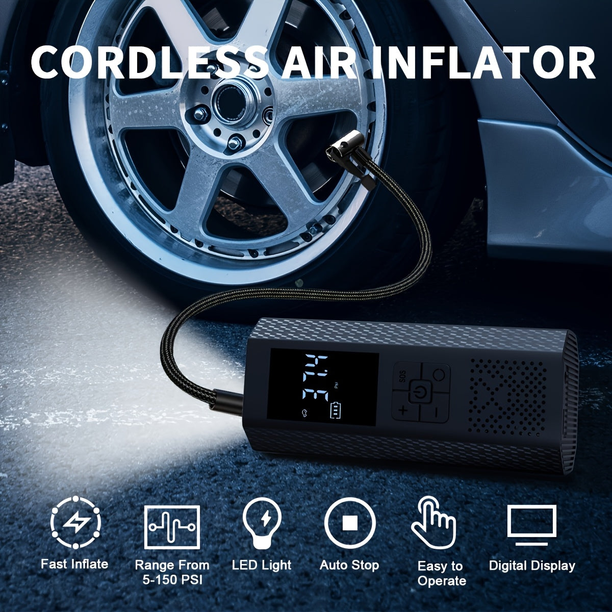 150PSI Portable Air Compressor 3X Faster Portable Air Compressor | 150PSI, Tire Pressure Gauge, LED Display, One-Touch Smart Cordless Tire Inflator, USB-Powered, Rechargeable Battery