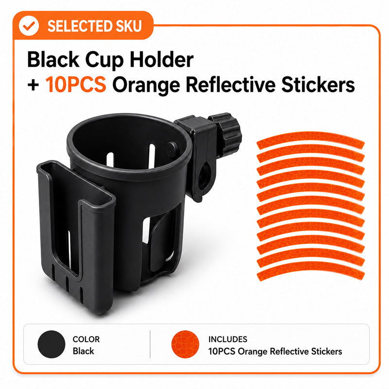 1pc Black Bike Cup Holder with 10pcs Fluorescent Orange Reflective Stickers, Universal Bicycle Water Bottle Holder, Coffee Cup Mount for Bikes, Scooters, Outdoor Cycling and Commuting
