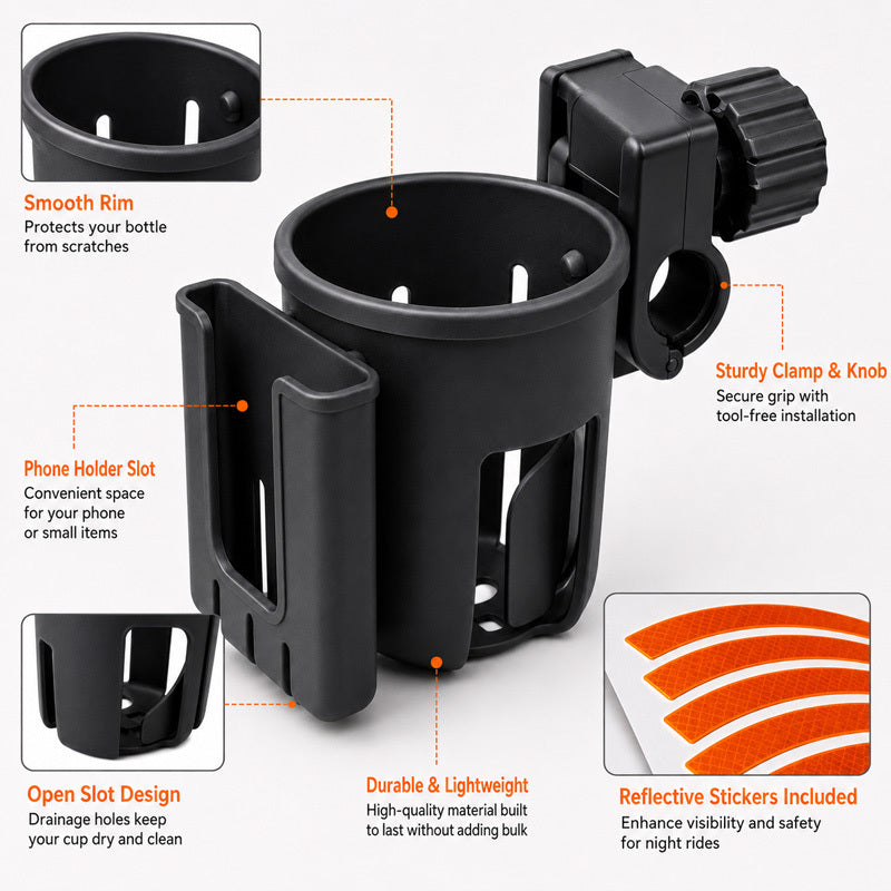 1pc Black Bike Cup Holder with 10pcs Fluorescent Orange Reflective Stickers, Universal Bicycle Water Bottle Holder, Coffee Cup Mount for Bikes, Scooters, Outdoor Cycling and Commuting