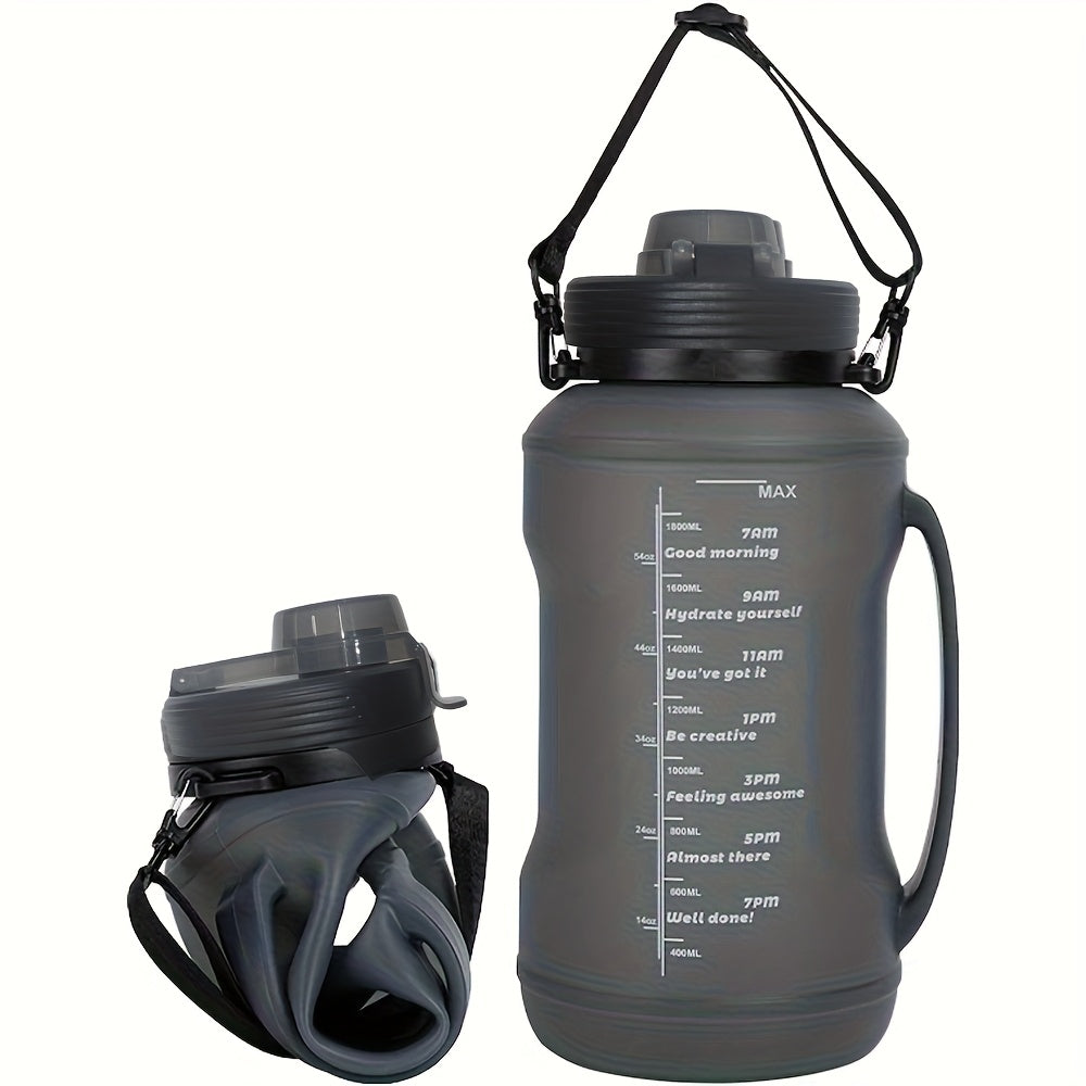 2L Collapsible Water Bottle - Foldable Silicone Travel Water Bottle with Motivational Times to Drink - with Straw