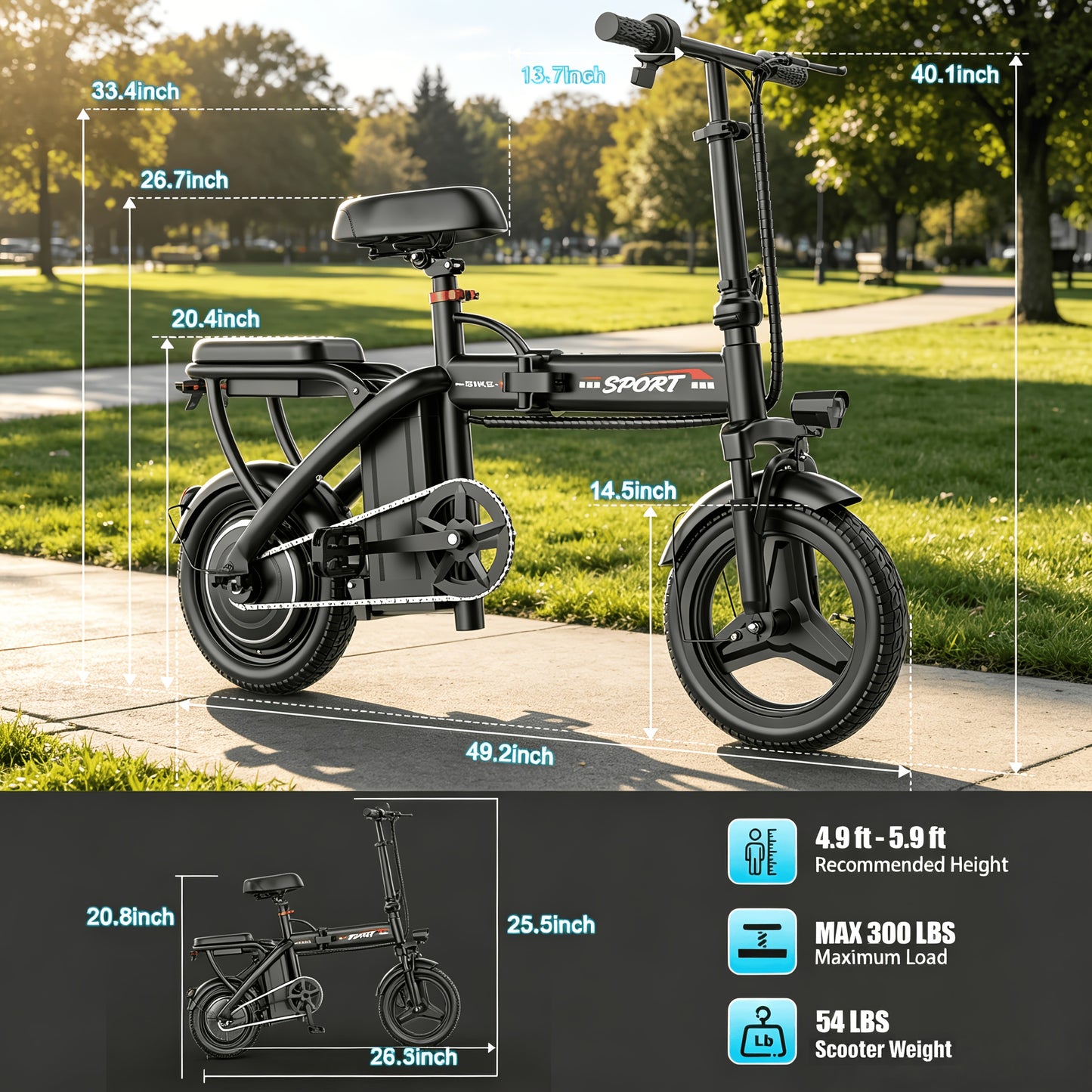 Electric Bike with 48V Battery & Brushless Motor, 15-25 MPH Folding E-Bike for Adults, Lightweight Commuter E-Bike with Removable Lithium Battery, 14-Inch Wheels, 25-Mile Range, Electric Bicycle for Teens & Commuters