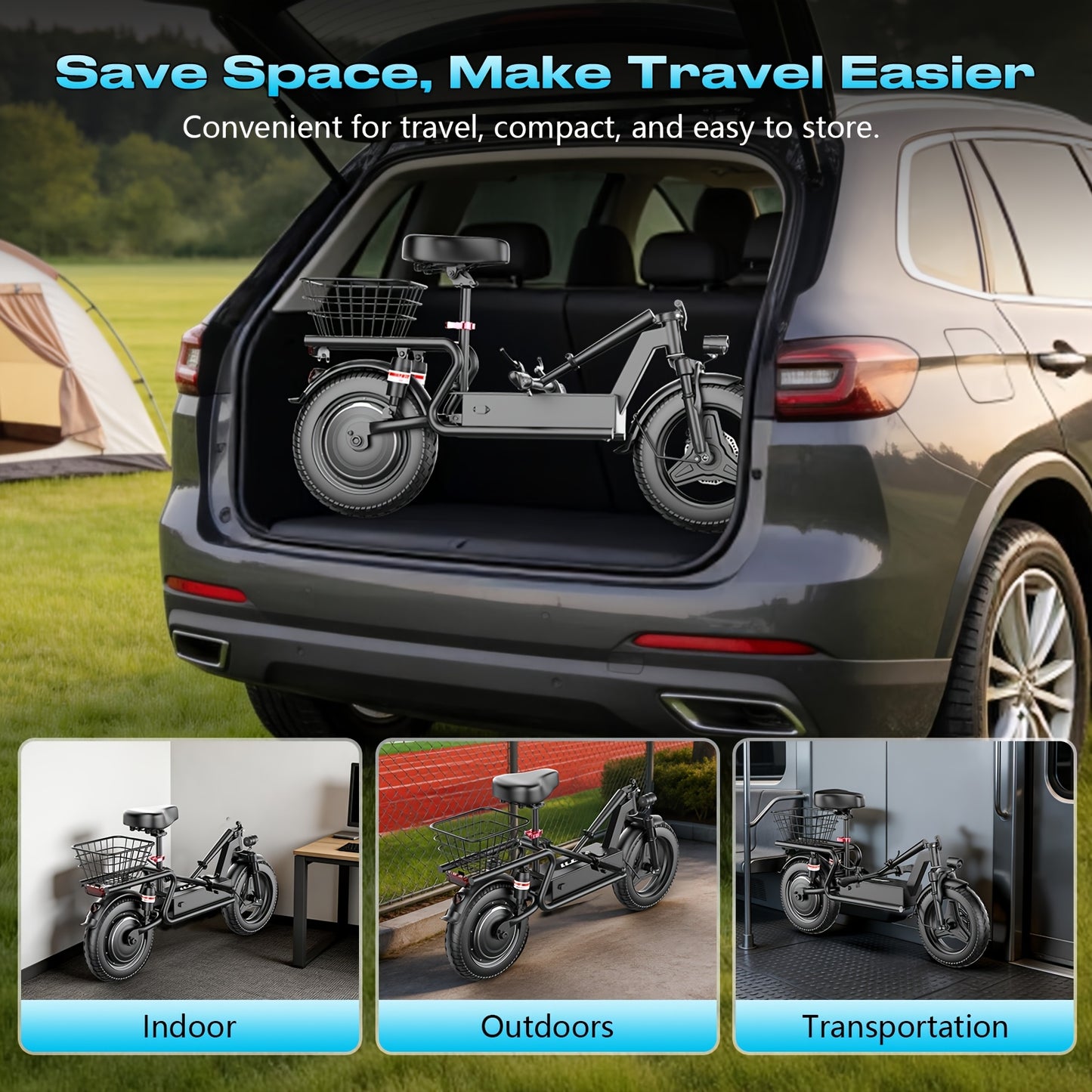 Commuter Electric Scooter with Seat, 54.6V 16.5Ah Electric Scooter with Detachable Basket, Shopping Cart & Grocery Cart & Multi-Purpose Cargo Scooter, Large Capacity Battery for 35 Miles Long Range, New Smart Throttle with 3 Speed Levels