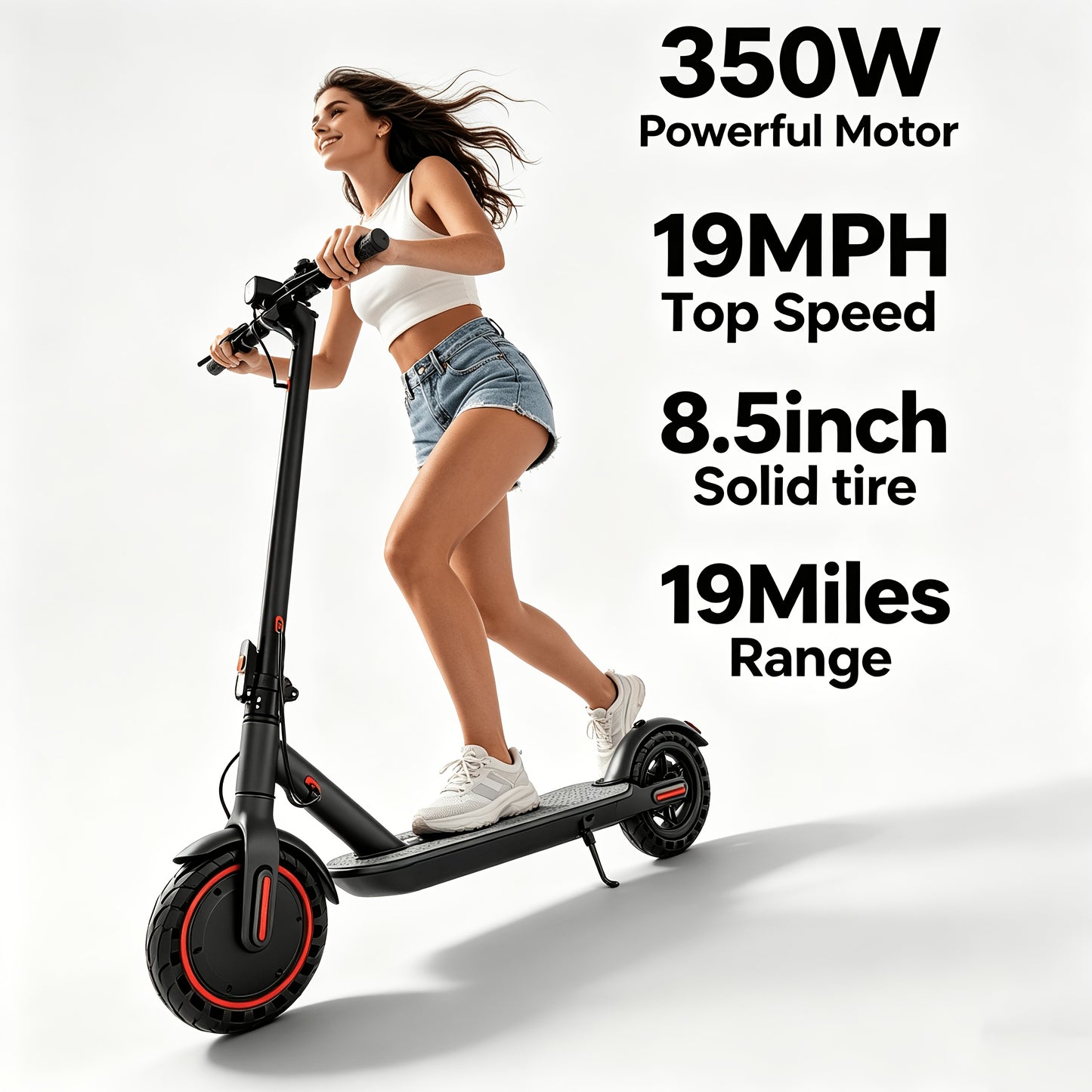 350W Motor Foldable Electric Scooter for Adults, 8.5 Inch Anti-Slip Solid Tyres, 19MPH Max Speed & 3 Speed Modes, New Upgraded Version with Reinforced Brake System, Stable Riding, Durable Aluminum Alloy Body, Ultra Comfortable Commuter E-Scooter
