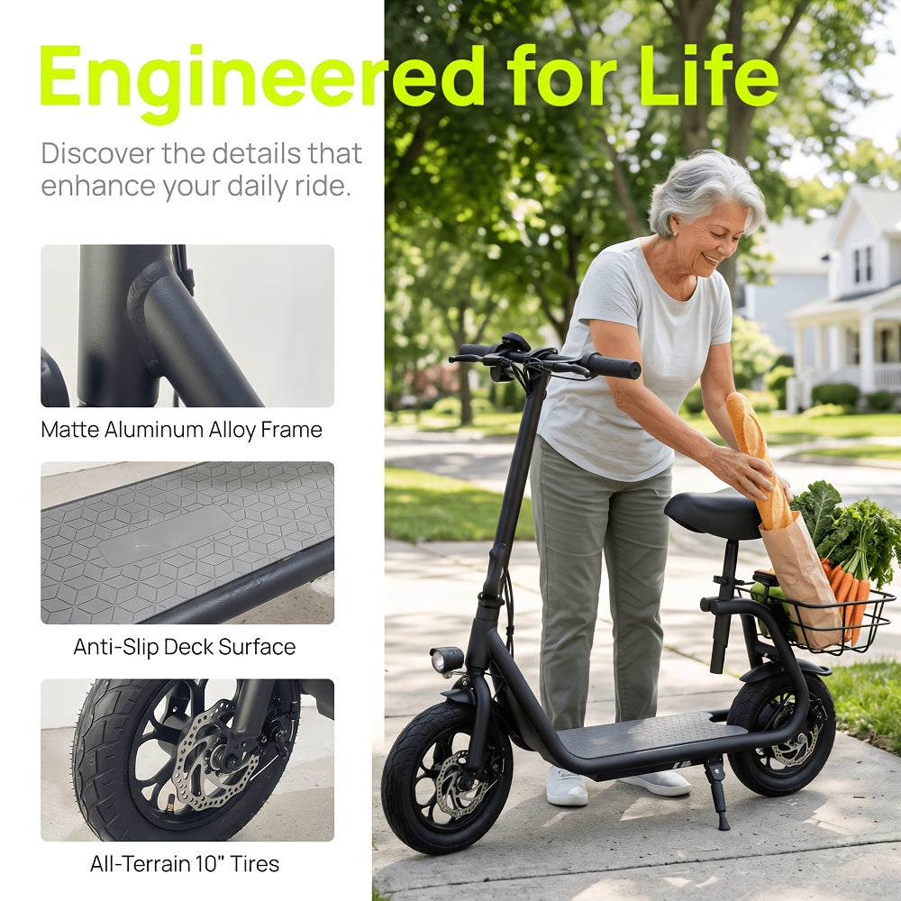Electric Scooter, with A Foldable Front Frame for Easy Storage, A Rear Cargo Basket, A 36V 7.8Ah Battery, A Top Speed Of 30 Km\u002Fh, Three-speed Adjustment, A Comfortable Seat, Anti-slip Deck, And A Front Light. Suitable for Various Usage Scenarios.