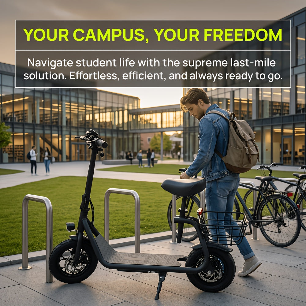 Electric Scooter, with A Foldable Front Frame for Easy Storage, A Rear Cargo Basket, A 36V 7.8Ah Battery, A Top Speed Of 30 Km\u002Fh, Three-speed Adjustment, A Comfortable Seat, Anti-slip Deck, And A Front Light. Suitable for Various Usage Scenarios.