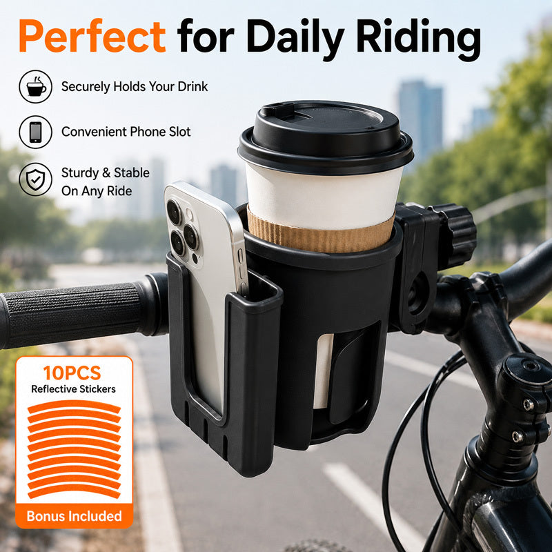 1pc Black Bike Cup Holder with 10pcs Fluorescent Orange Reflective Stickers, Universal Bicycle Water Bottle Holder, Coffee Cup Mount for Bikes, Scooters, Outdoor Cycling and Commuting