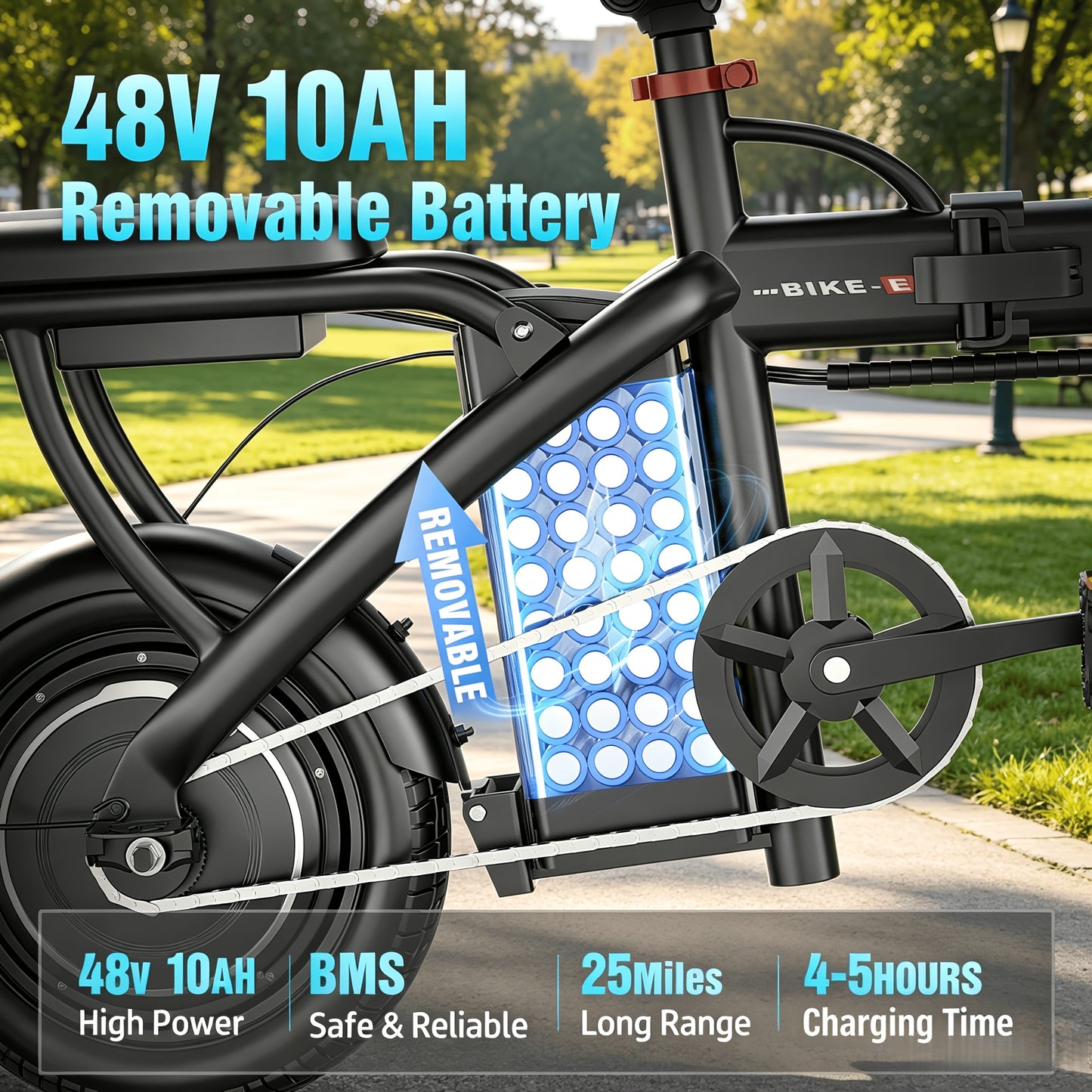Electric Bike with 48V Battery & Brushless Motor, 15-25 MPH Folding E-Bike for Adults, Lightweight Commuter E-Bike with Removable Lithium Battery, 14-Inch Wheels, 25-Mile Range, Electric Bicycle for Teens & Commuters