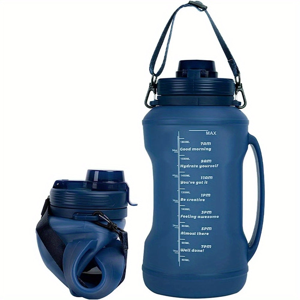 2L Collapsible Water Bottle - Foldable Silicone Travel Water Bottle with Motivational Times to Drink - with Straw