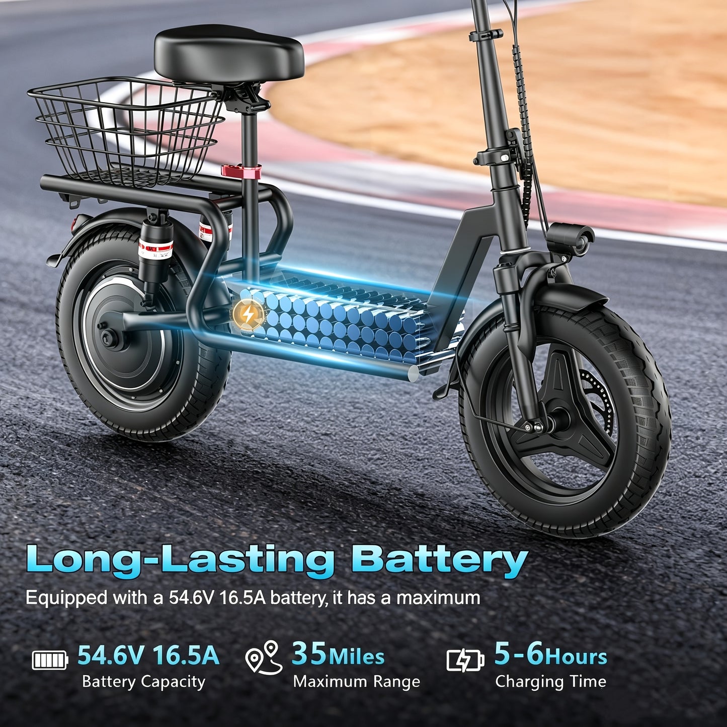 Commuter Electric Scooter with Seat, 54.6V 16.5Ah Electric Scooter with Detachable Basket, Shopping Cart & Grocery Cart & Multi-Purpose Cargo Scooter, Large Capacity Battery for 35 Miles Long Range, New Smart Throttle with 3 Speed Levels