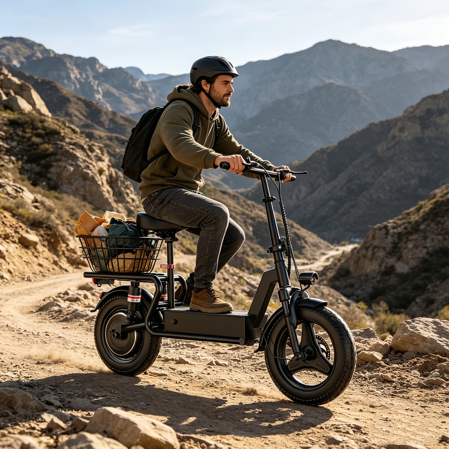 Commuter Electric Scooter with Seat, 54.6V 16.5Ah Electric Scooter with Detachable Basket, Shopping Cart & Grocery Cart & Multi-Purpose Cargo Scooter, Large Capacity Battery for 35 Miles Long Range, New Smart Throttle with 3 Speed Levels