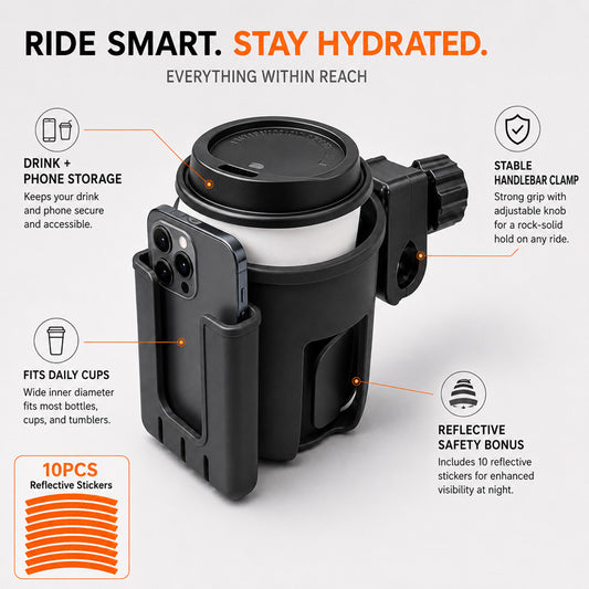 1pc Black Bike Cup Holder with 10pcs Fluorescent Orange Reflective Stickers, Universal Bicycle Water Bottle Holder, Coffee Cup Mount for Bikes, Scooters, Outdoor Cycling and Commuting