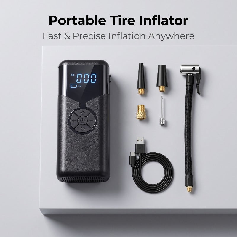 Wireless Tire Inflator, Portable Air Compressor with Dual Digital Displays, 150PSI Portable Tire Pump with Pressure Relief and Gauge, Suitable for Cars, Motorcycles, and Bicycles