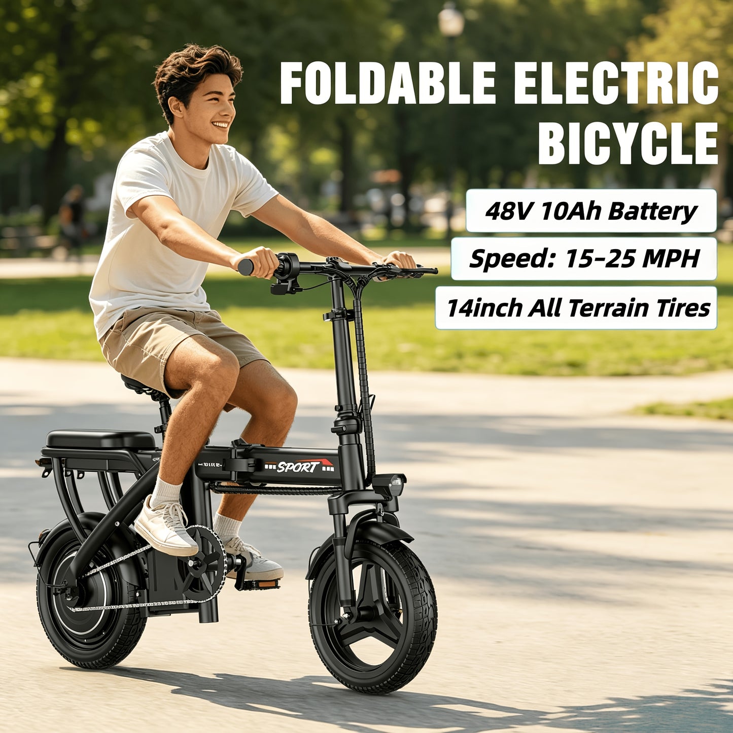 Electric Bike with 48V Battery & Brushless Motor, 15-25 MPH Folding E-Bike for Adults, Lightweight Commuter E-Bike with Removable Lithium Battery, 14-Inch Wheels, 25-Mile Range, Electric Bicycle for Teens & Commuters