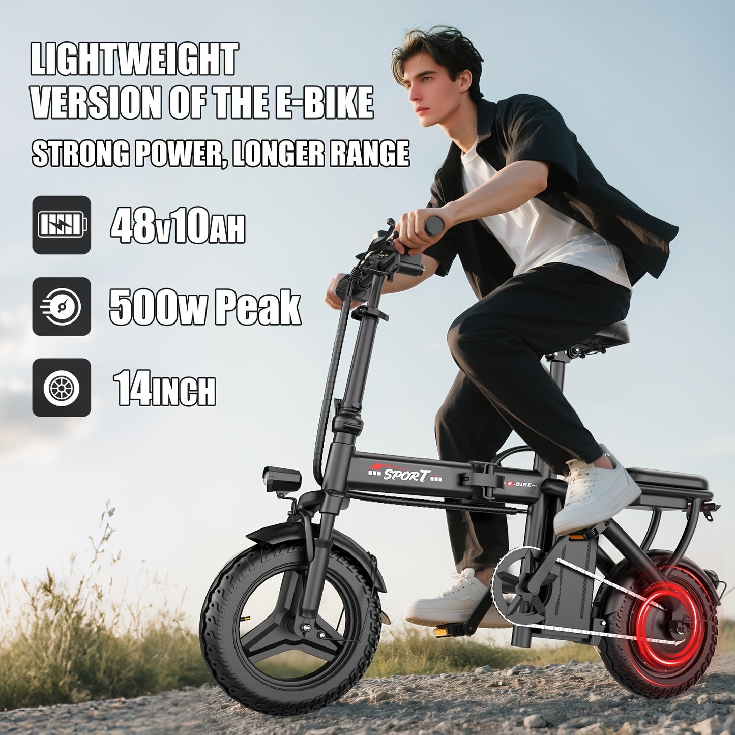 Folding Electric Bicycle, Peak Power 500 Watts, 20 Miles\u002FHour Brushless Motor, 14-Inch Tires, 48-Volt 10 Ampere-Hour Detachable Battery, Adult Electric Bicycle, Electric Bicycle, Suitable for Urban Commuting, Is The Best Choice for a Gift