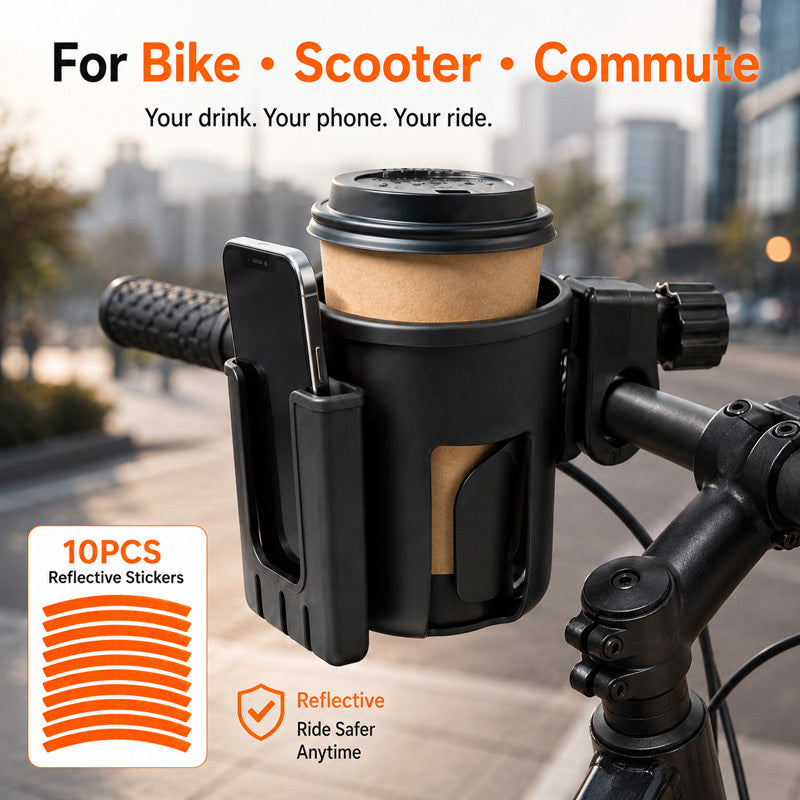 1pc Black Bike Cup Holder with 10pcs Fluorescent Orange Reflective Stickers, Universal Bicycle Water Bottle Holder, Coffee Cup Mount for Bikes, Scooters, Outdoor Cycling and Commuting
