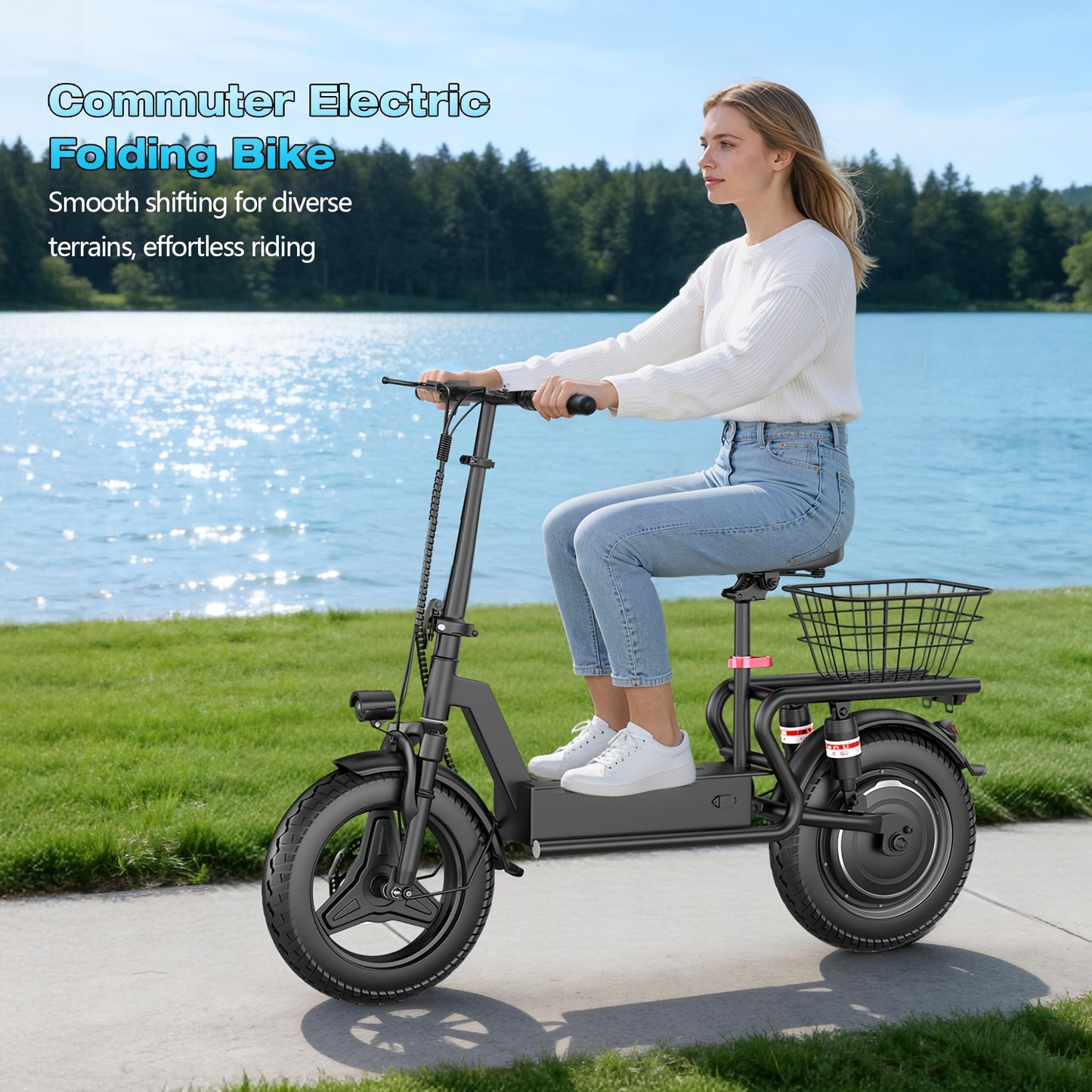 Commuter Electric Scooter with Seat, 54.6V 16.5Ah Electric Scooter with Detachable Basket, Shopping Cart & Grocery Cart & Multi-Purpose Cargo Scooter, Large Capacity Battery for 35 Miles Long Range, New Smart Throttle with 3 Speed Levels