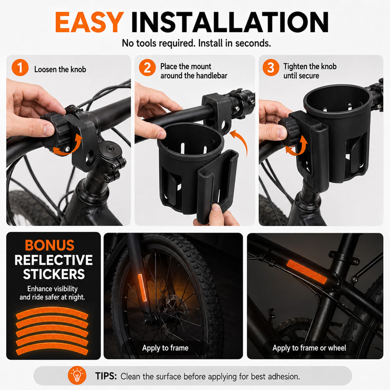 1pc Black Bike Cup Holder with 10pcs Fluorescent Orange Reflective Stickers, Universal Bicycle Water Bottle Holder, Coffee Cup Mount for Bikes, Scooters, Outdoor Cycling and Commuting