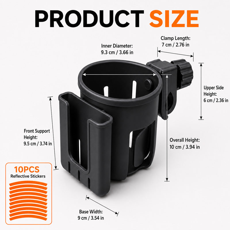 1pc Black Bike Cup Holder with 10pcs Fluorescent Orange Reflective Stickers, Universal Bicycle Water Bottle Holder, Coffee Cup Mount for Bikes, Scooters, Outdoor Cycling and Commuting