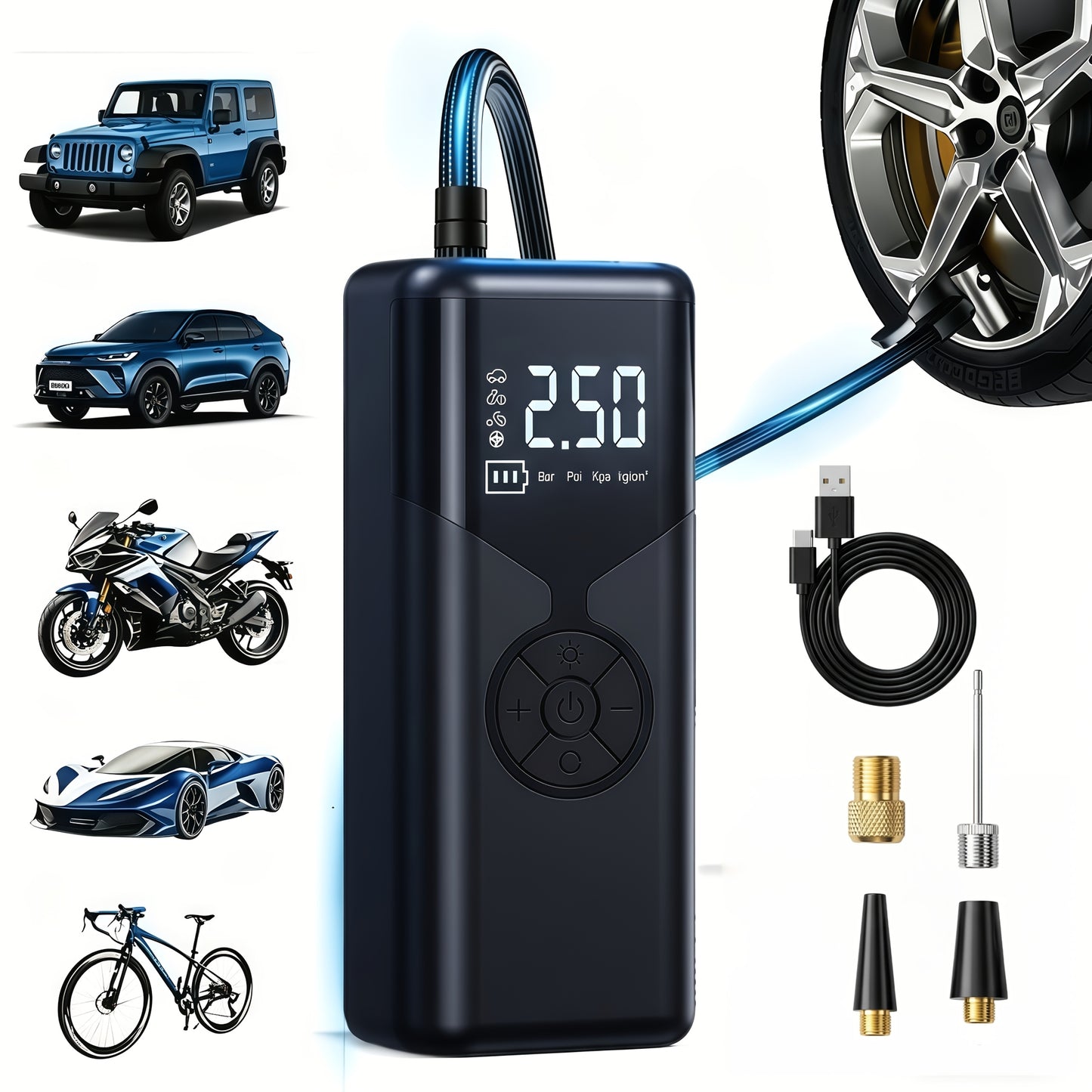 Wireless Tire Inflator, Portable Air Compressor with Dual Digital Displays, 150PSI Portable Tire Pump with Pressure Relief and Gauge, Suitable for Cars, Motorcycles, and Bicycles