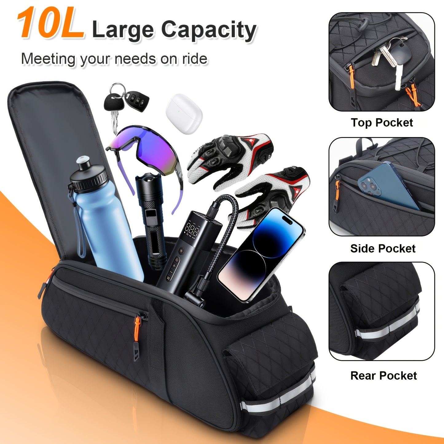 2.64gal Bike Frame Bag for MTB & Road Bikes, Reflective Cycling Tool Storage Rear Rack Bag, Convertible Camera Shoulder Hard-Shell Rear Bag, Perfect for Commuters, Short & Long-Distance Cyclists, And Cycling Photography Fans